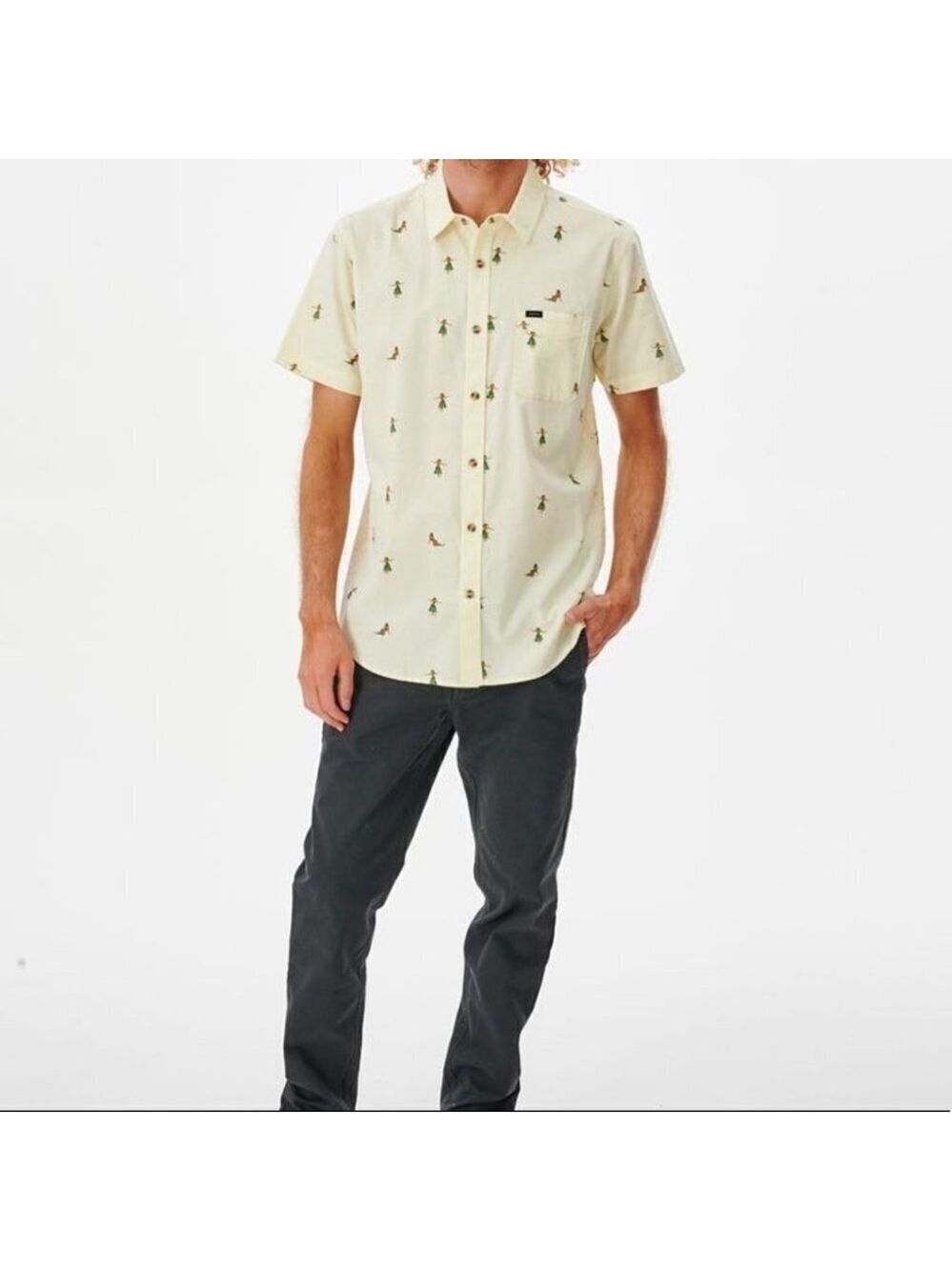 * DJAB Hula Pastel Yellow Cotton Short Sleeve Button Up Shirt Size L